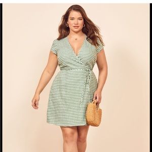 The Reformation Linen Green Gingham Mini Wrap Dress